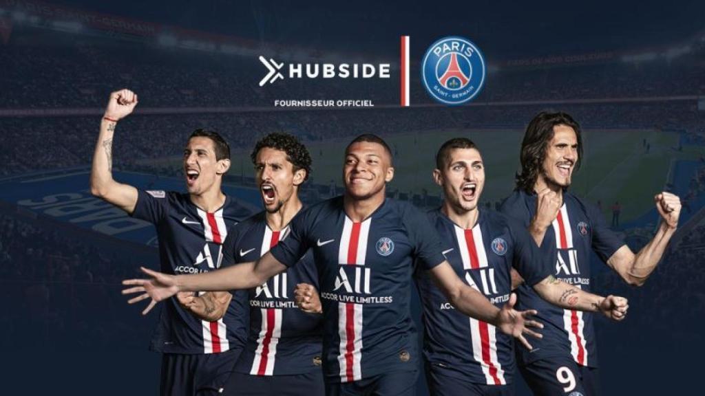 Di Maria, Marquinhos, Mbappé, Verratti y Cavani en el anuncio del acuerdo del PSG con Hubside.