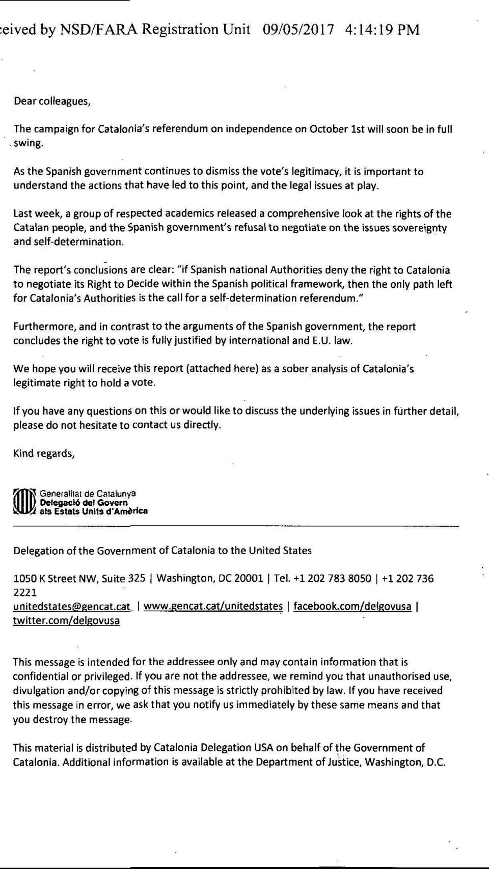 Nota de prensa de la embajada catalana en Washington.