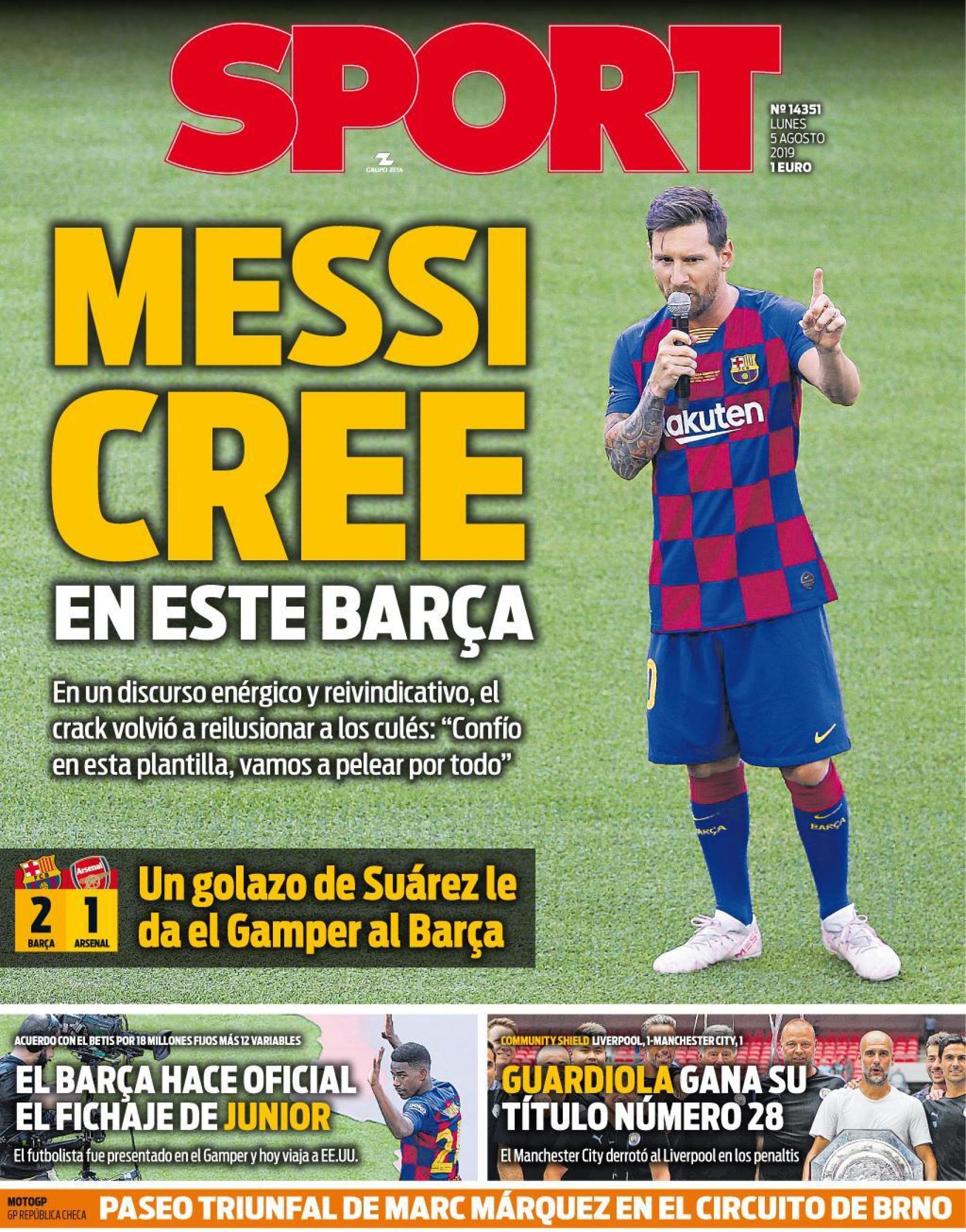 La portada del diario Sport (05/08/2019)