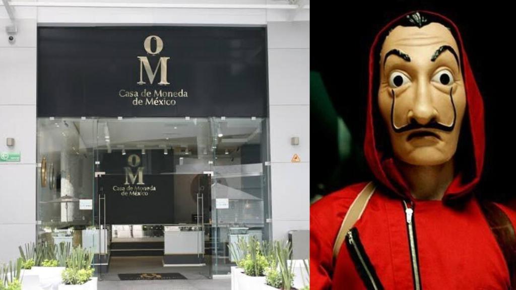 La Casa de la Moneda de México y uno de los personajes de la serie, disfrazado con la careta de Dali.