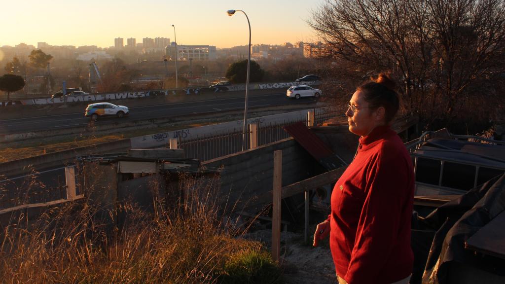 Maria Luisa observa la M-40 desde la entrada de su casa.
