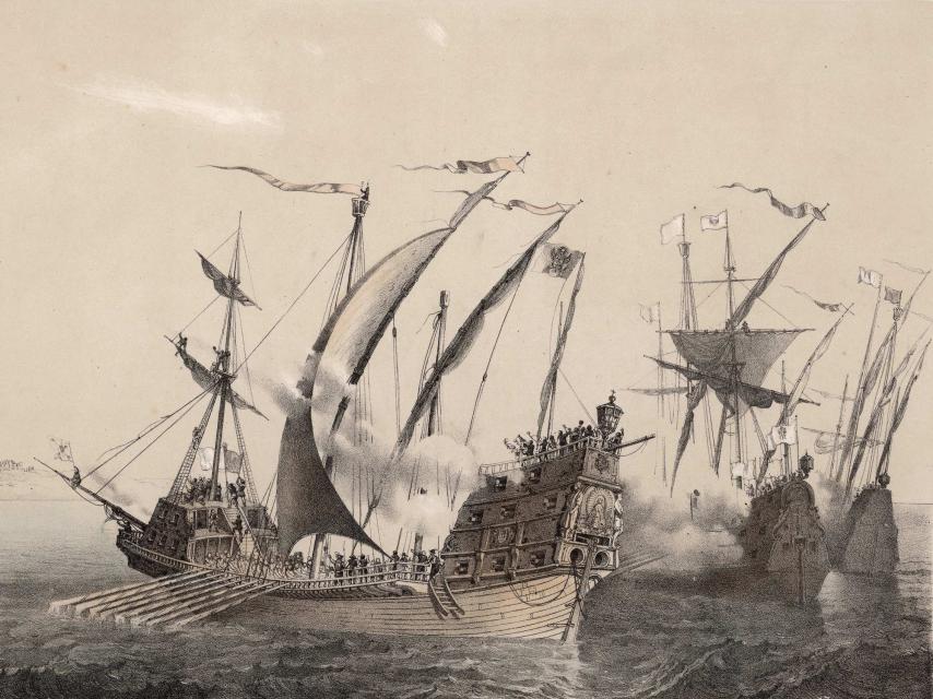 Grabado de las naos 'Trinidad' y 'Victoria' avistando las Molucas.