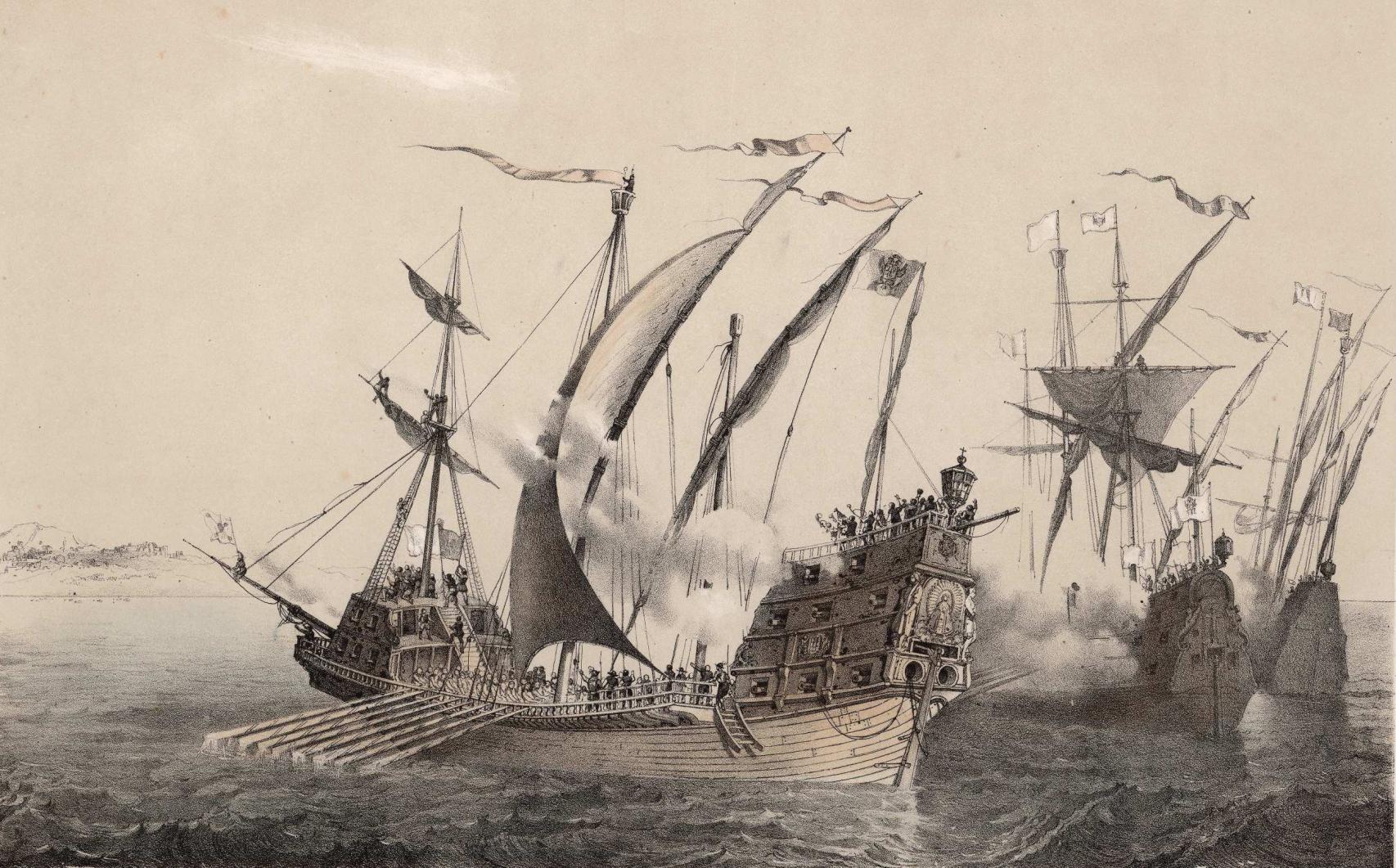 Grabado de las naos 'Trinidad' y 'Victoria' avistando las Molucas.