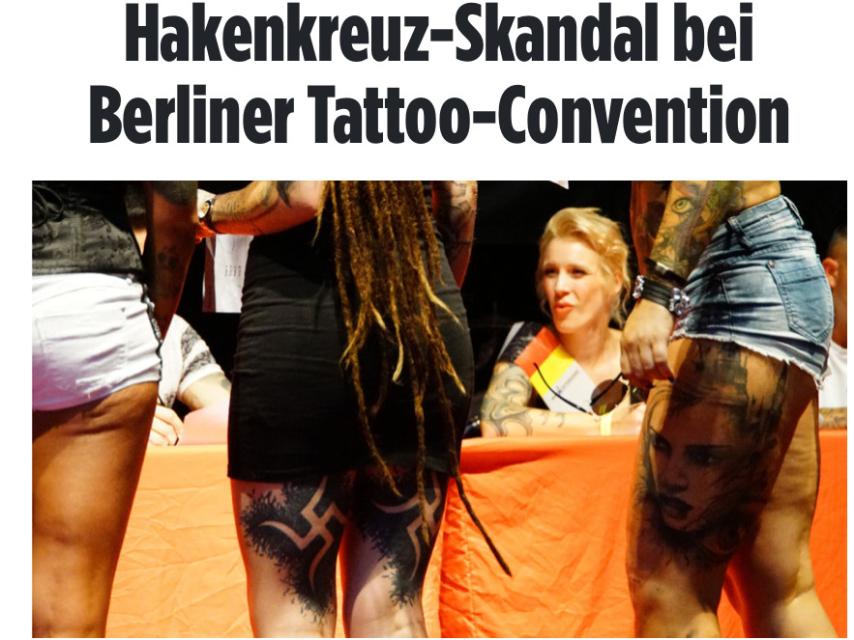 Portada de un diario alemán con la noticia, en la que se ven las esvásticas.