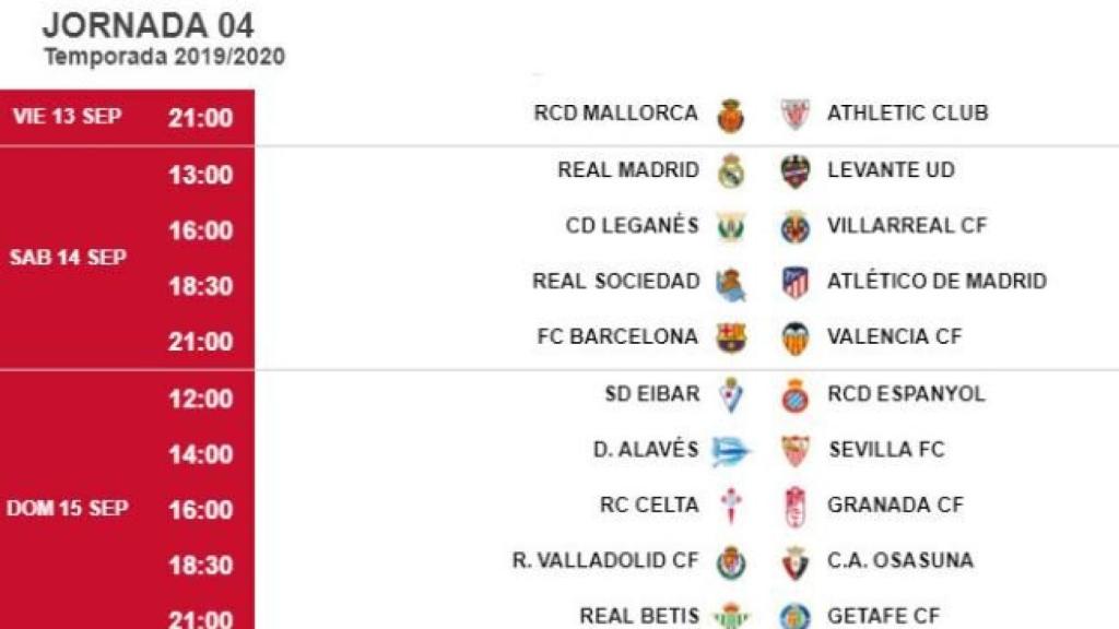 Horarios de la jornada 4 de Liga.