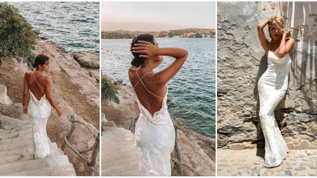 Marta Lozano presume de la espalda del vestido. En la última imagen, la modelo con el diseño.