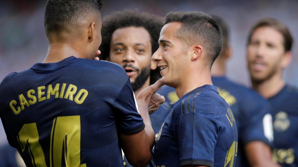 Los jugadores del Real Madrid celebran el gol de Lucas Vázquez al Celta
