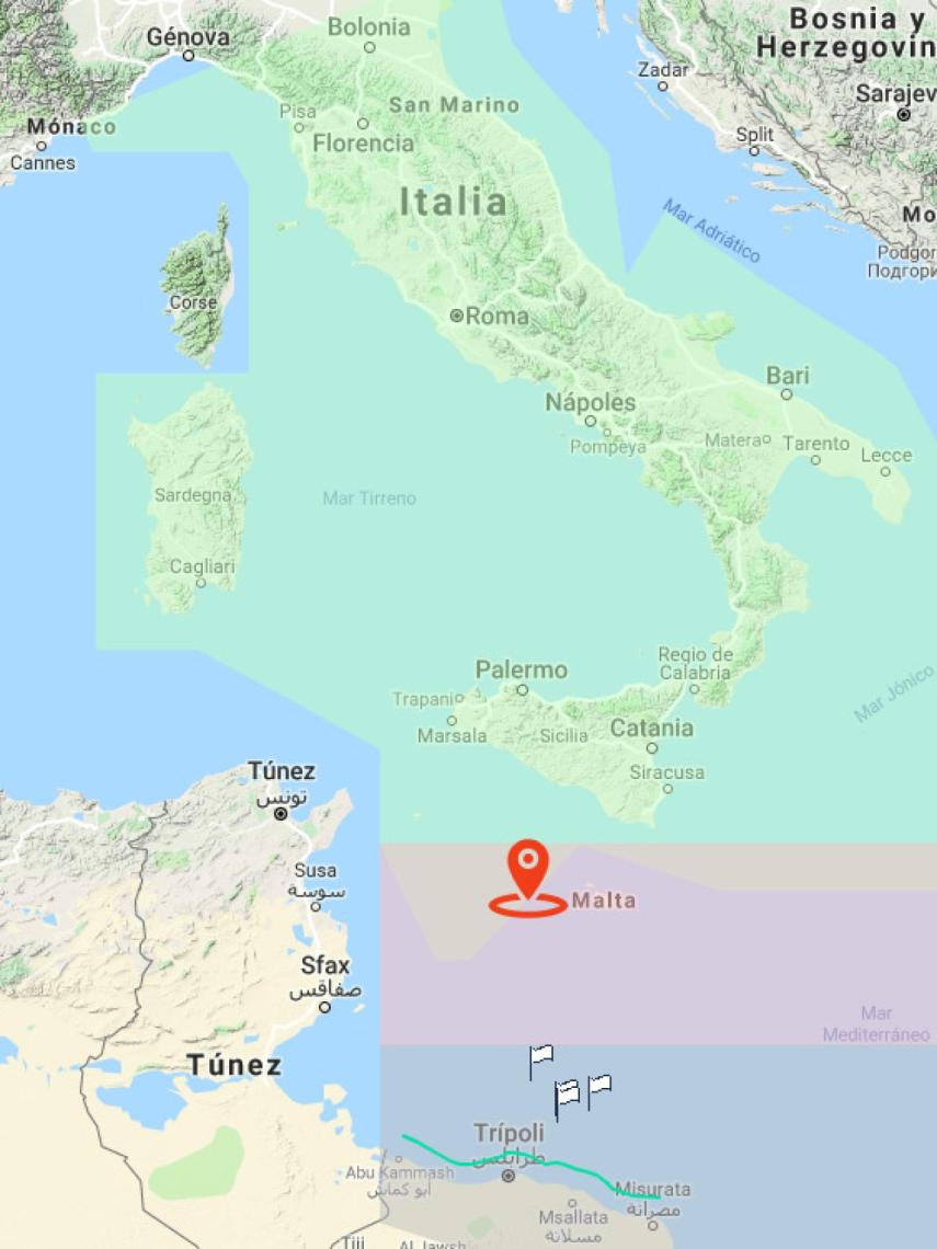 Situación aproximada del 'Ocean Viking' al noroeste de Malta