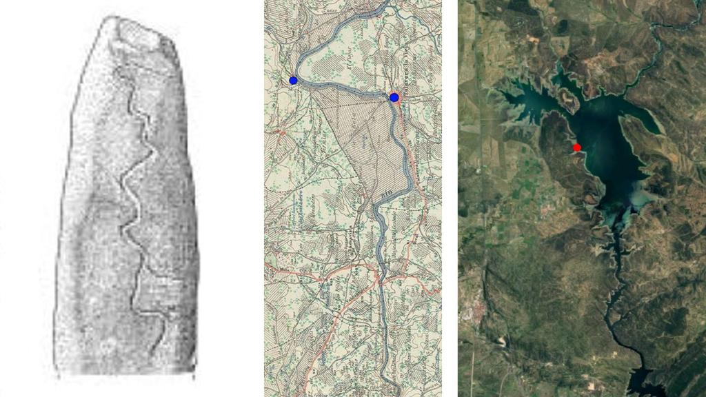 Comparación de la inscripción del menhir, el Tajo antes de la construcción del pantano y el estado actual del río.