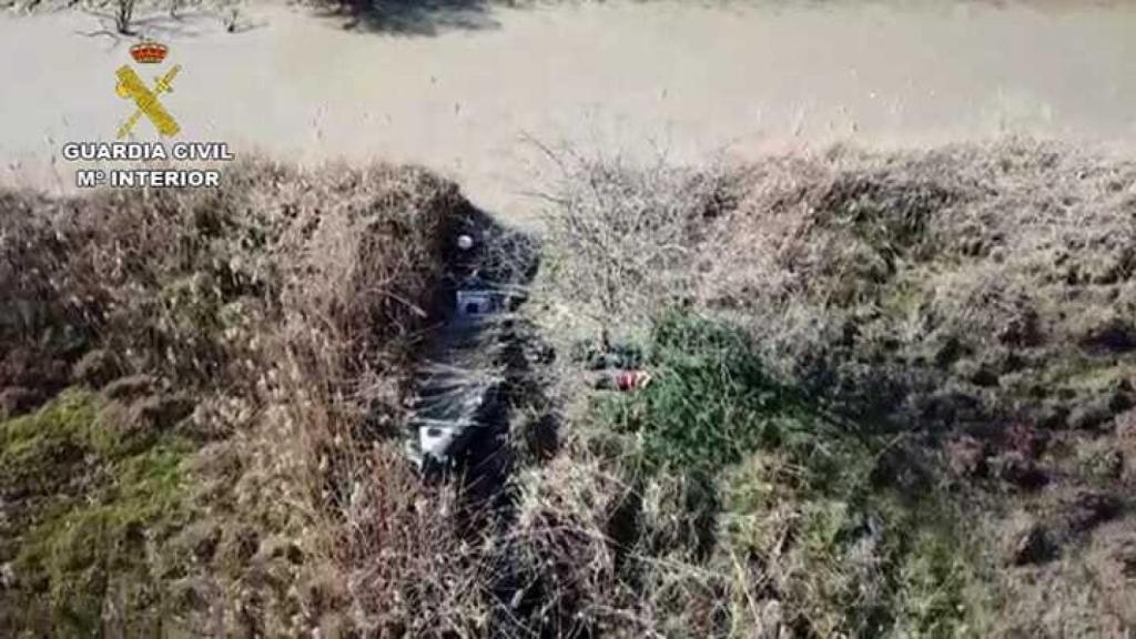 Una de las lanchas intervenidas, semioculta entre cañizos del río Guadalquivir.