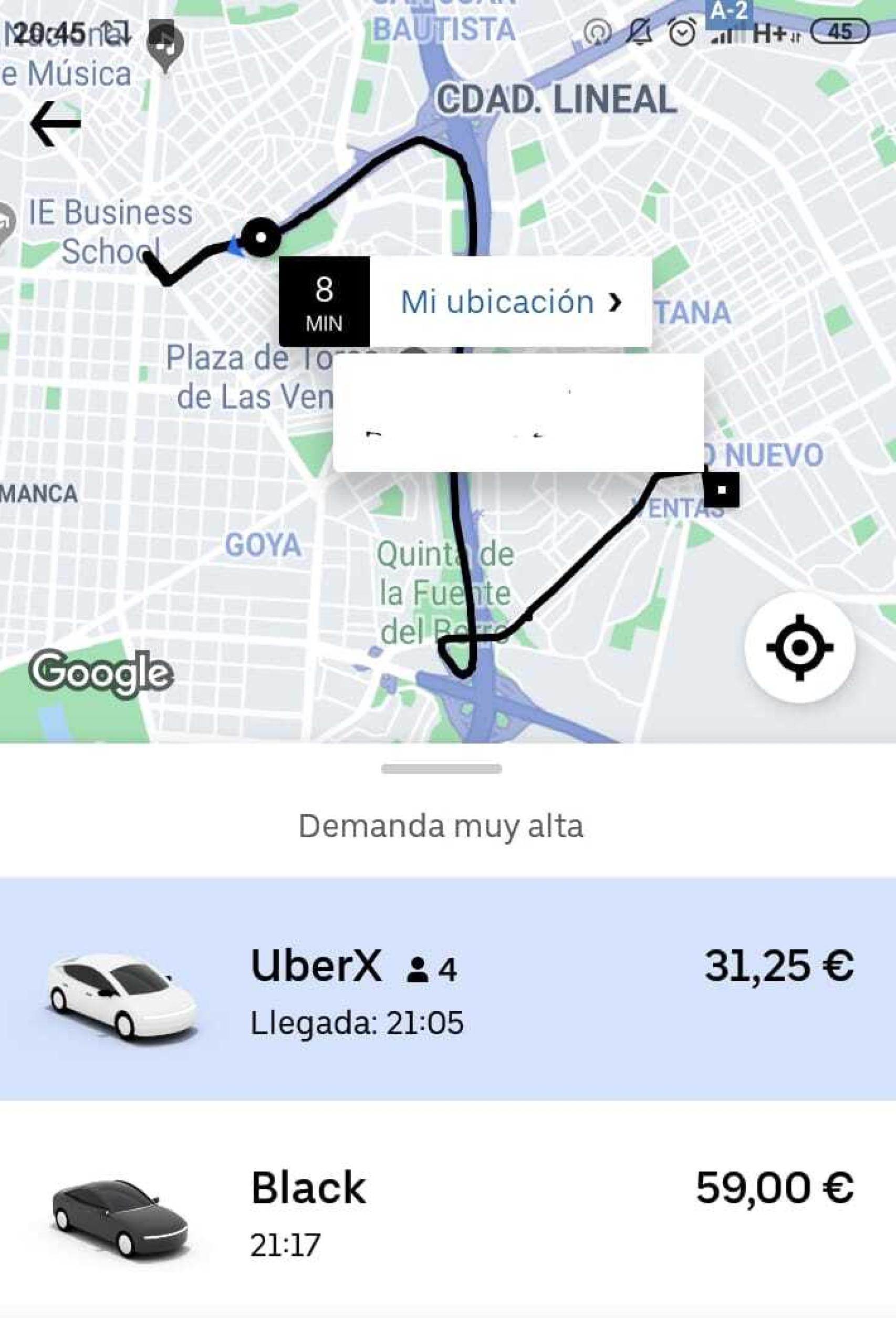 Captura de pantalla de Uber este lunes por la tarde.