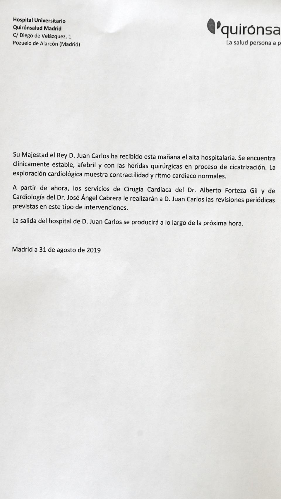 El último parte médico de Juan Carlos.