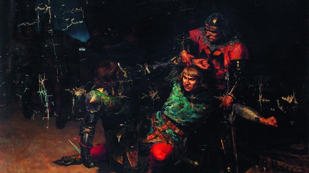 Momento en el cual Duguesclín sujeta a Pedro I para permitir que Enrique lo apuñalase, cuadro de Arturo Montero y Calvo.