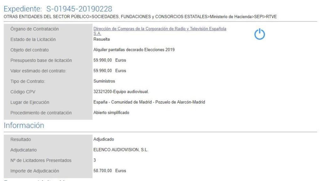 Detalle de uno de los expedientes de licitación y adjudicación de servicios para RTVE de cara a las elecciones del 28-A.
