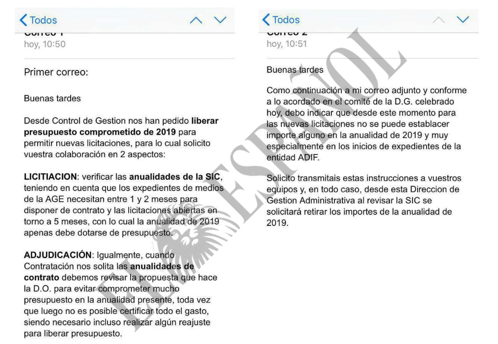 Correos de la dirección de Adif a las unidades de contratación para parar las licitaciones de 2019.