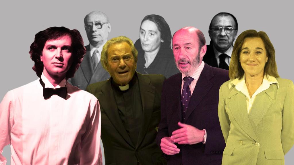 De izquierda a derecha, en primer plano: Camilo Sesto, Arturo Fernández, Alfredo Pérez Rubalcaba y Blanca Fernández Ochoa. En segundo plano: Enrique Tierno Galván, La Pasionaria y Santiago Carrillo.
