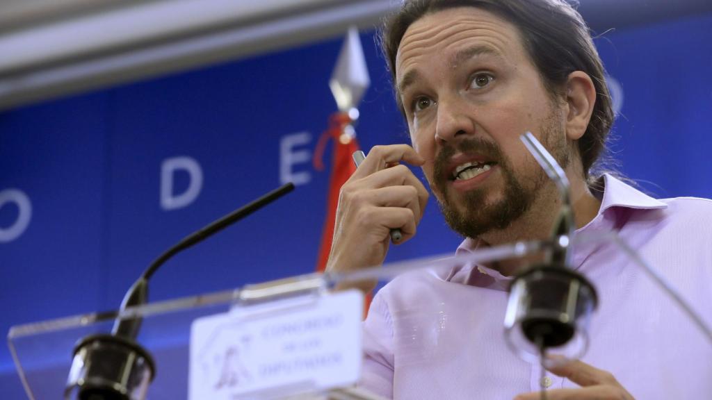 Pablo Iglesias, líder de Unidas Podemos, en rueda de prensa en el Congreso.