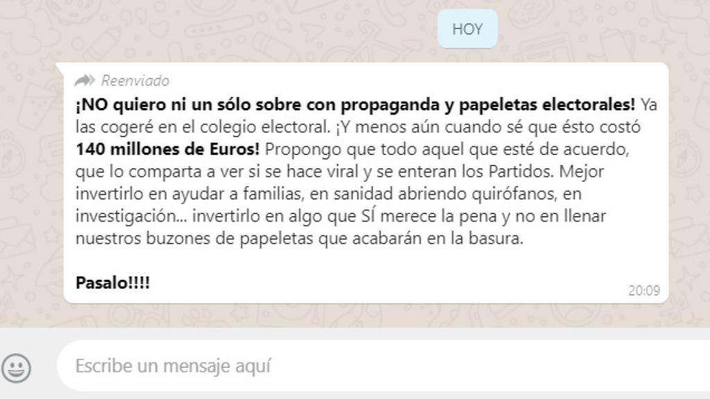 Mensaje viral contra el derroche en el buzoneo de propaganda electoral.