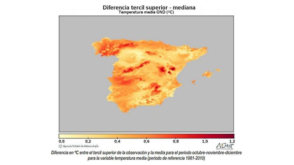 En las zonas rojas, las temperaturas pueden ser hasta 1ºC más cálidas de lo habitual.