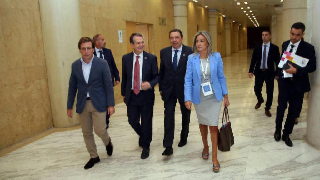 Tolón a su llegada al pleno junto a Martínez-Almeida, Caballero y Planas