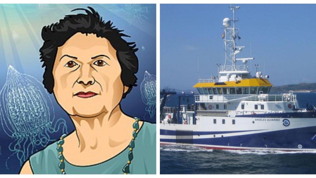 Retrato de Alvariño y buque de investigación bautizado con su nombre