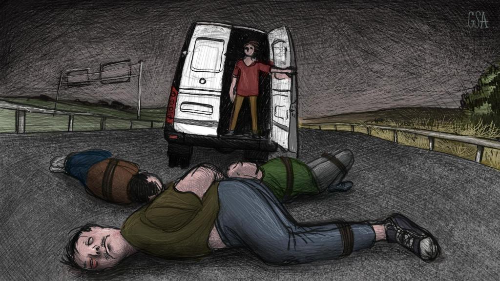 Recreación del momento en que un hombre arroja tres cuerpos maniatados a una autovía gaditana.