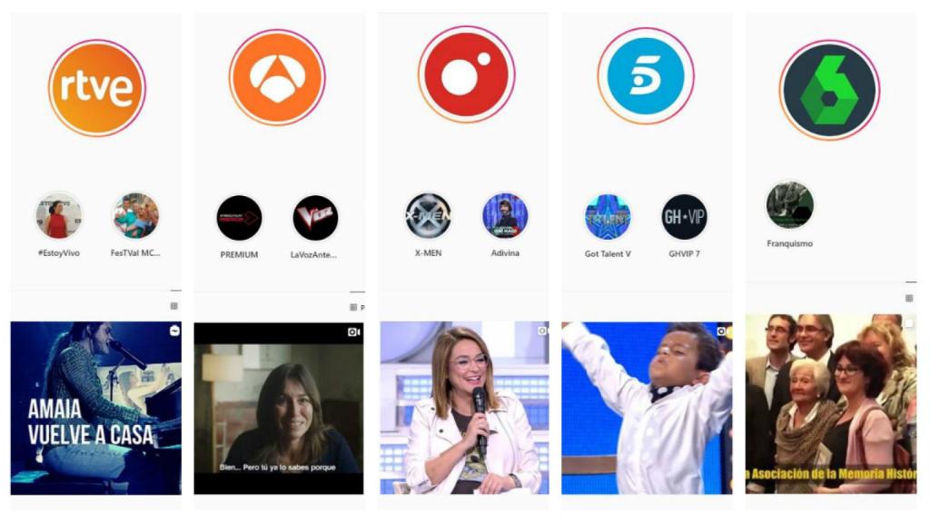 Perfil en Instagram de cada uno de los grandes canales de televisión españoles.
