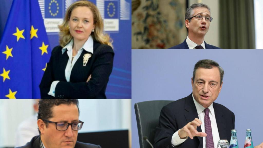 Nadia Calviño, Mario Draghi, Pablo Hernández de Cos y Óscar Arce.