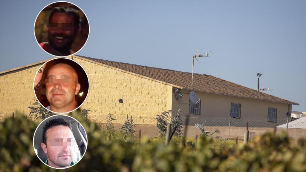 Sobre la imagen de la casa donde ocurren los hechos, el propietario (arriba), la víctima mortal y uno de los dos heridos.