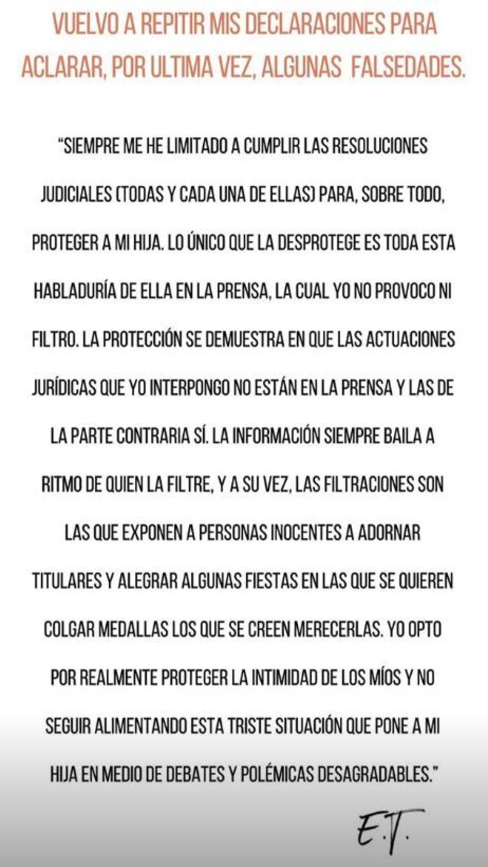 Captura del texto de Elena Tablada en su InstaStories.