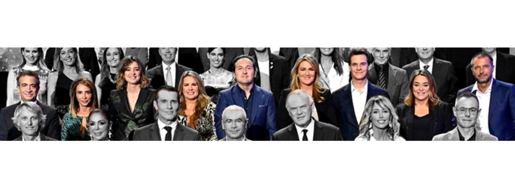 De izq. a dcha: J.J Santos, María Patiño, Sandra Barneda, Carmen Porter, Iker Jiménez, Carlota Corredera, Christian Gálvez, Toñi Moreno y Manu Carreño.