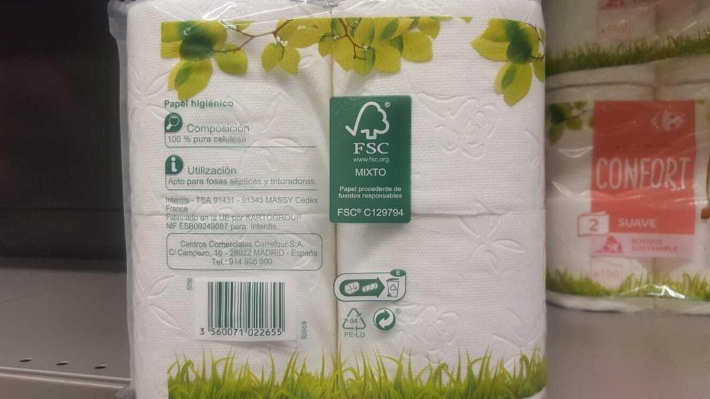 Papel higiénico producido por Carrefour con el certificado FSC Mixto.