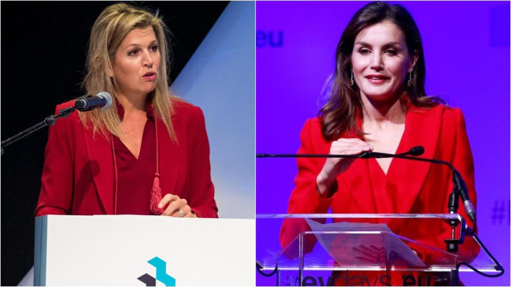 Máxima de Holanda y Letizia con trajes de chaqueta en color rojo.