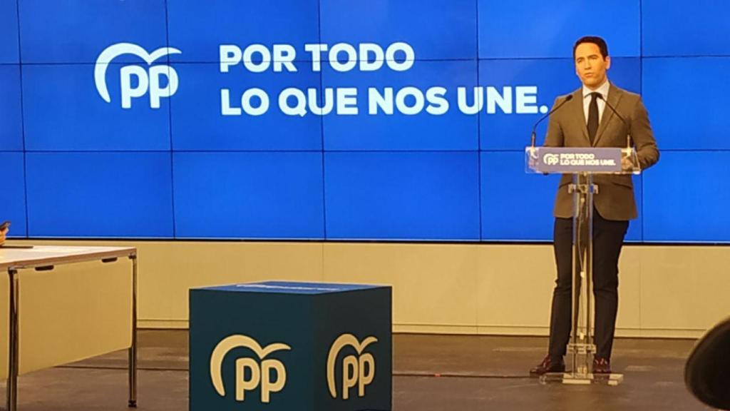 El secretario general del PP, Teodoro García Egea, en la presentación del lema.