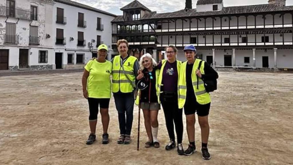Un grupo de participantes en la marcha de las pensiones a su paso por la localidad toledana de Tembleque