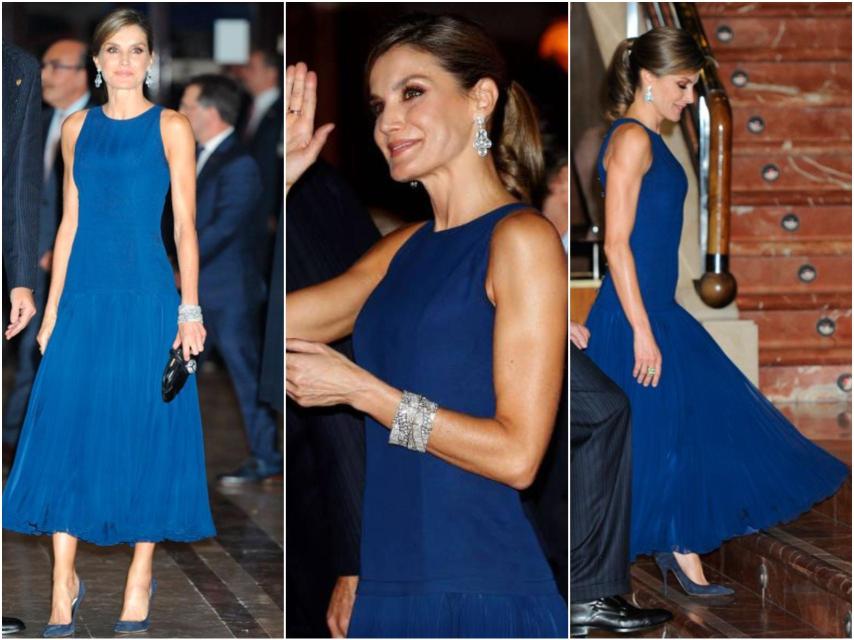 Letizia, con vestido azul de Felipe Varela.