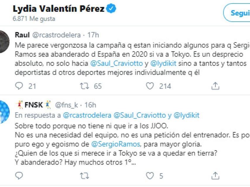 Los me gusta de Lydia Valentín en contra de que Ramos sea abanderado en Tokyo 2020