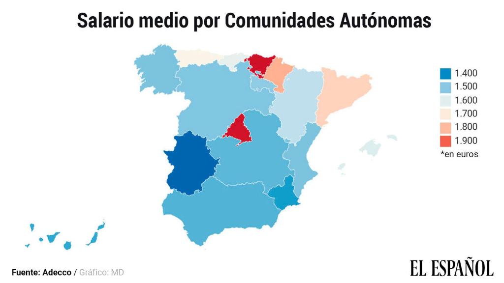 El mapa de los salarios en España.