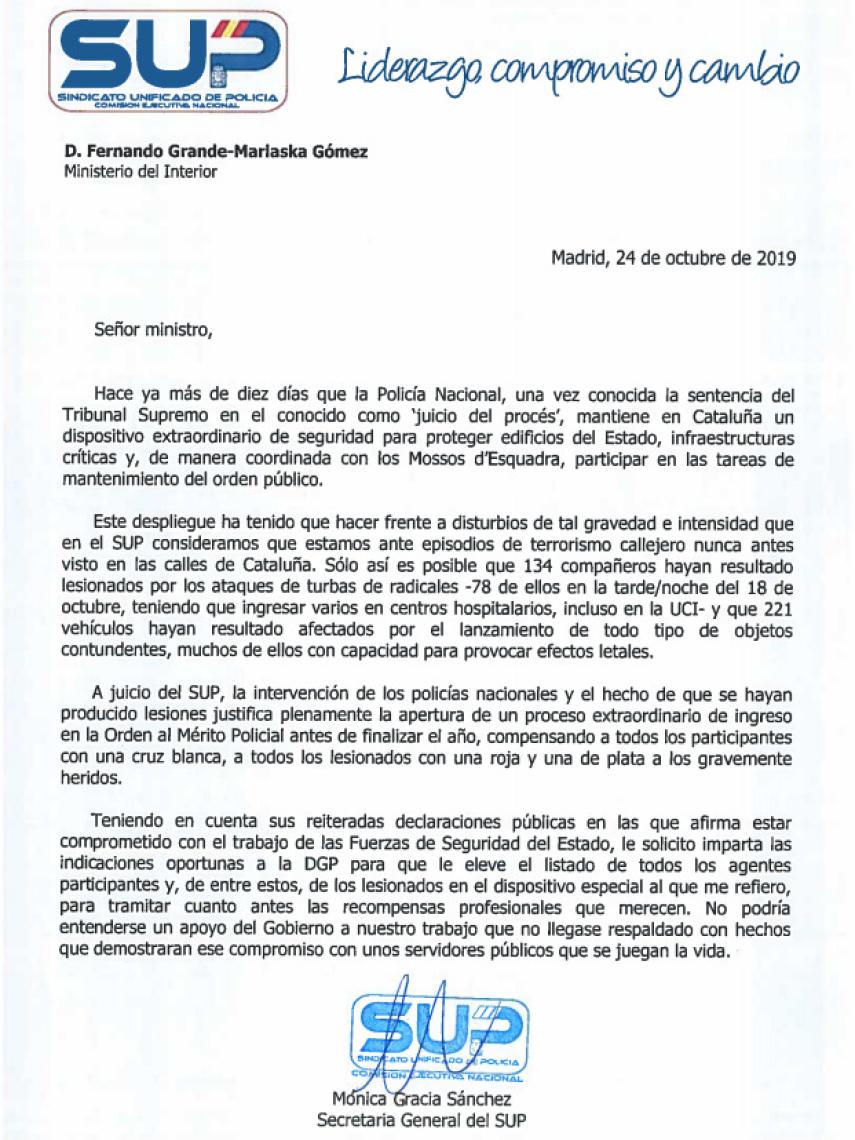 La carta enviada por el SUP a Marlaska.