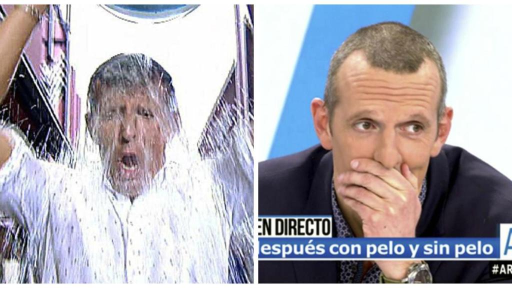 Joaquín en dos momentos épicos de 'AR': mojándose y tras su rapado en directo.