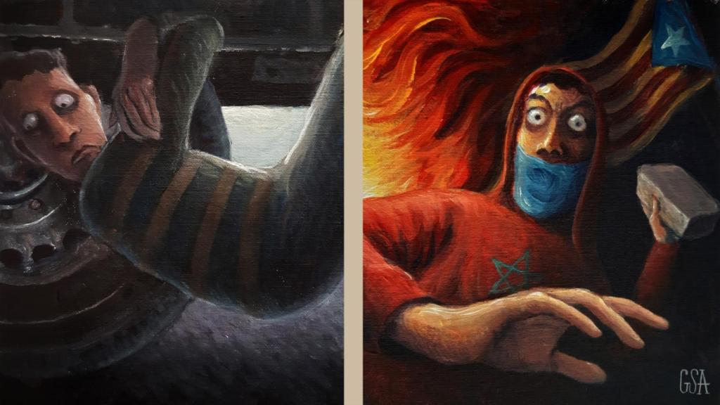 Ilustración que recrea la llegada a España de uno de los presos y su posterior participación en las protestas de Cataluña.