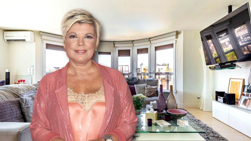 Terelu Campos junto a un montaje de su ático.