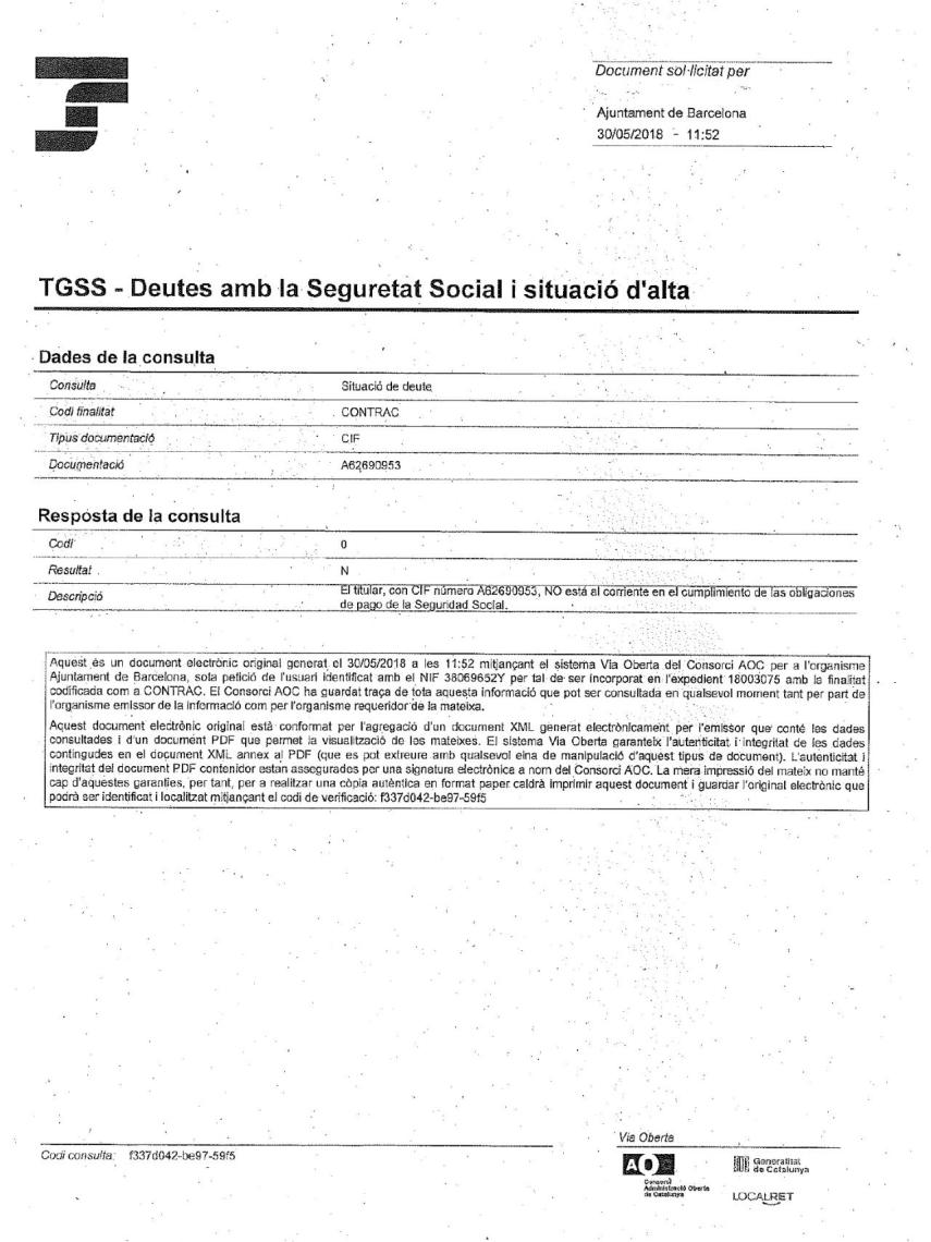 Documento que confirma que el Ayuntamiento estaba al corriente de las deudas de Unipost.