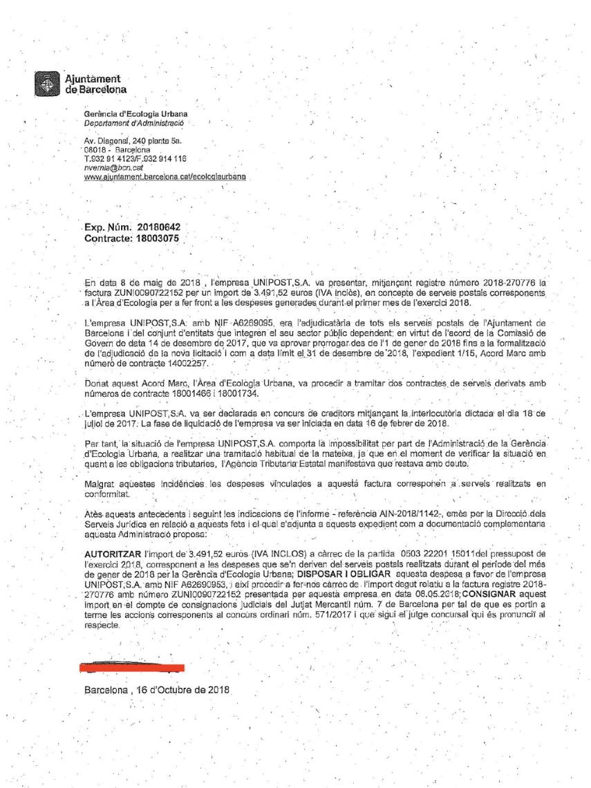 Documento de la Gerencia de Ecología Urbana que reconoce la situación de Unipost, pero admite la 'conformidad' de los contratos.