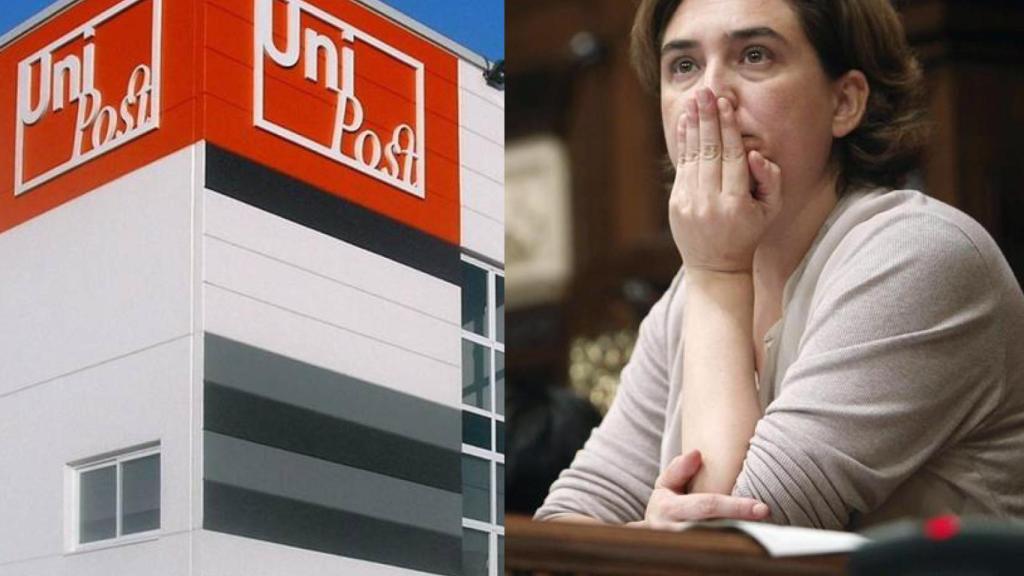 La sede de Unipost, y Ada Colau, alcaldesa de Barcelona.