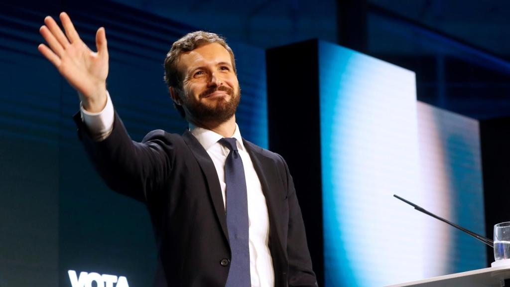 Pablo Casado en el acto de cierre de campaña del PP, en la plaza de Las Ventas.