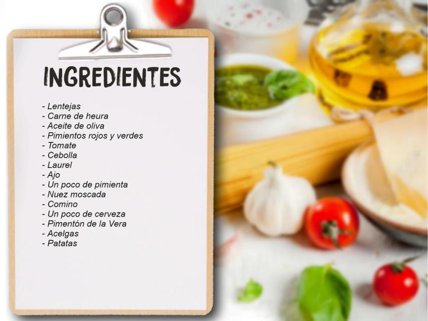 Ingredientes de las lentejas con carne de heura.