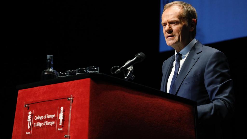 Donald Tusk, durante su discurso de balance este miércoles en el Colegio de Europa