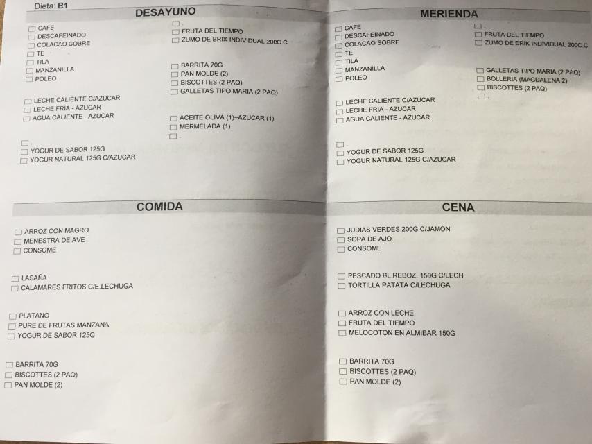 Uno de los menús del Hospital Universitario de La Princesa.