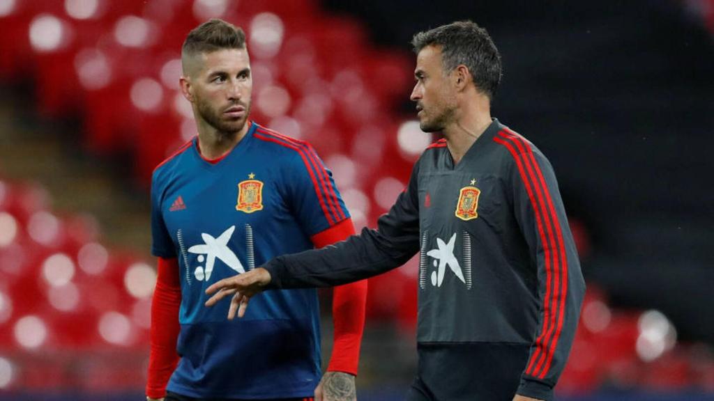 Sergio Ramos y Luis Enrique, en un entrenamiento